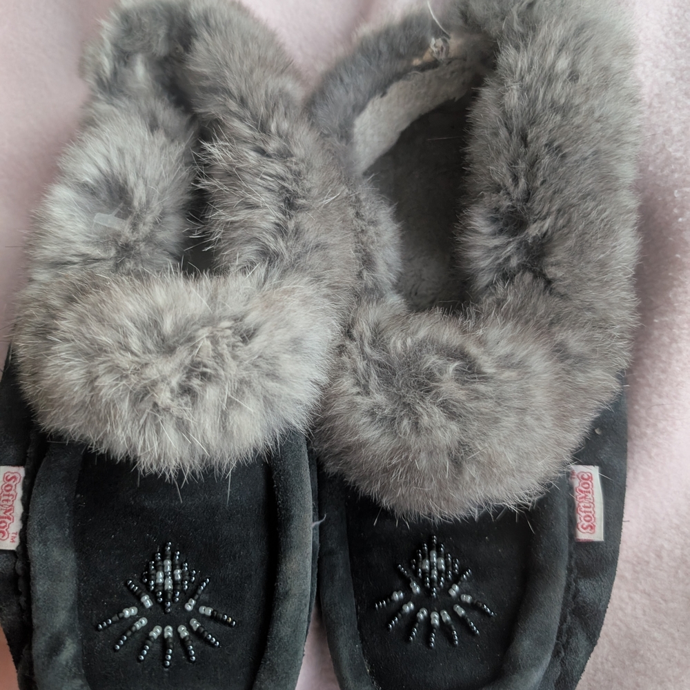 Gray Fur-Lined SoftMoc Slippers Moccasins with Beaded Design
